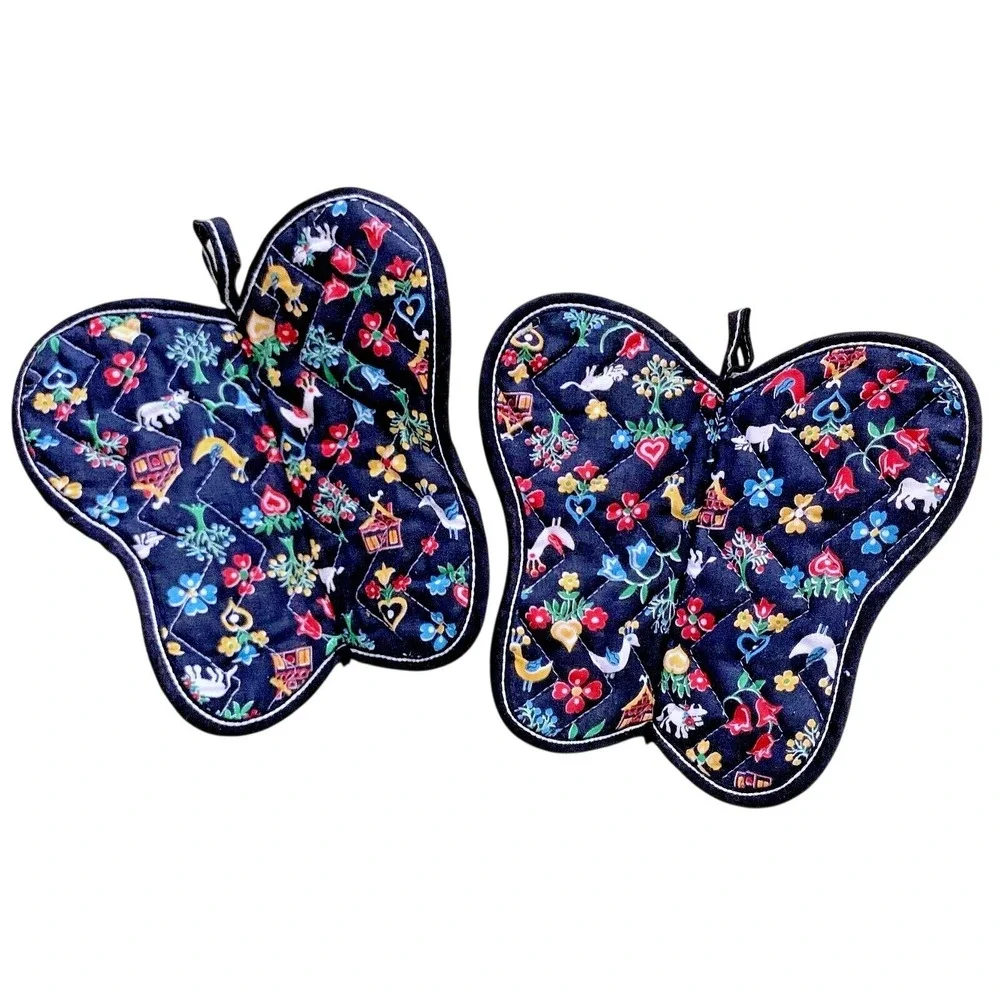 1950s Hot Pads 2 Scandinavian Penn Dutch Folk Art Print Butterfly Quilted NOS